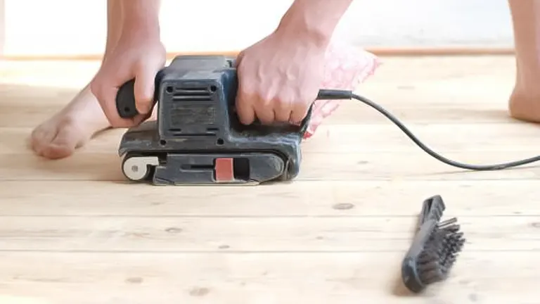 Person using a belt sander on an unfinished hardwood floor