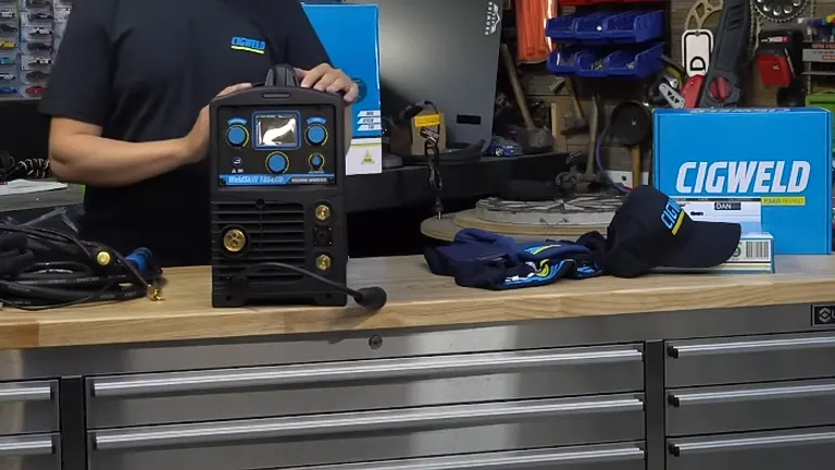 Person presenting a Cigweld Weldskill 3-in-1 Welder with welding equipment and product box nearby