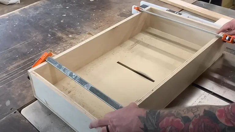 Wooden box joint jig with orange clamps on table saw