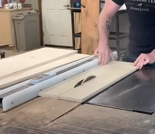 Person making precision cuts for box joint jig on table saw