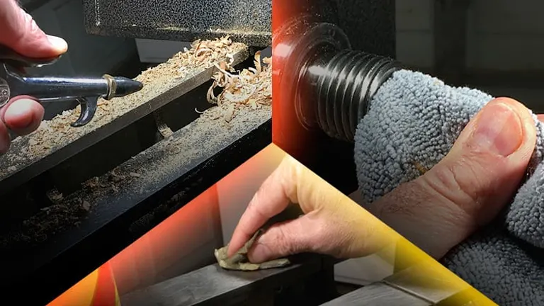 Image showing two methods of wood lathe maintenance: one with a tool and one with a cloth