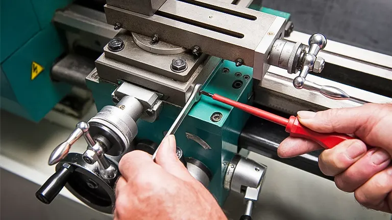 Close-up of hands using tools to maintain a green and silver wood lathe machine