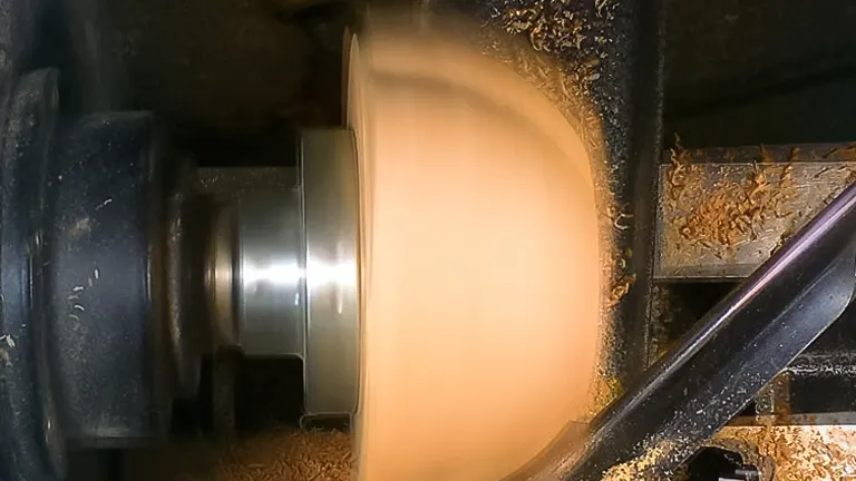 Close-up of a wood lathe in use, with wood shavings visible
