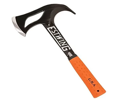 ESTWING Forged Steel Hunter Hatchet with a polished steel head and a sharp edge, a pointed back, and an orange grip on the handle