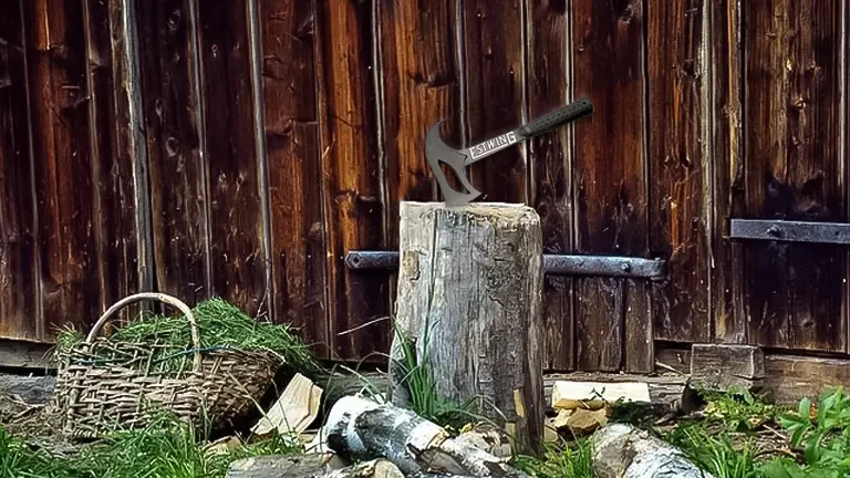 ESTWING Forged Steel Hunter Hatchet embedded in a wooden stump, with chopped wood and a basket nearby, against a wooden wall