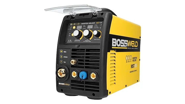 Bossweld MST-185 Plus 3-In-1 Inverter Welder with yellow casing, black front panel, control knobs, and ports for MIG, STICK, and TIG welding methods
