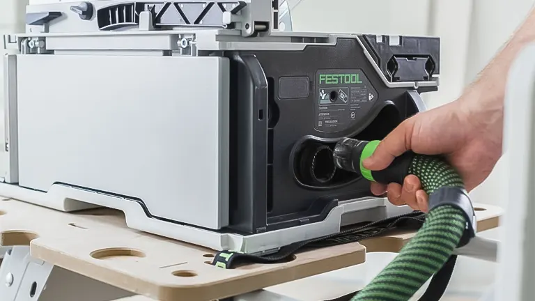 Person operating a Festool Table Saw CSC SYS 50 on a wooden workbench