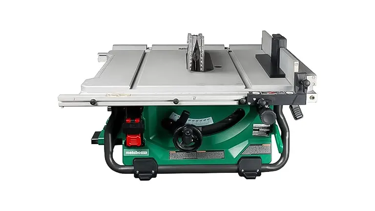 Festool Table Saw CSC SYS 50 with a green base and silver tabletop, equipped with adjustment knobs and safety features