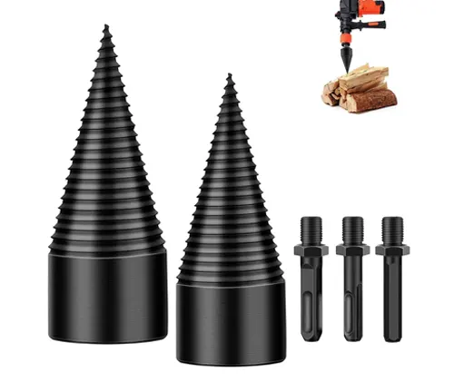 Black firewood log screw splitter drill bits and adapters, with an inset image showing the bit attached to a drill, splitting a log