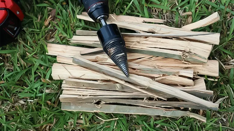 Firewood log splitter drill bit attached to a drill, splitting wood on an outdoor grassy setting