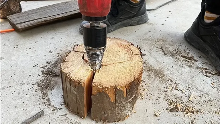 A drill with a log splitter bit splitting a round log on the ground