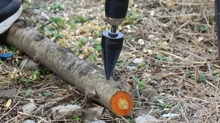 A drill with a firewood log screw splitter bit drilling into a log on the ground