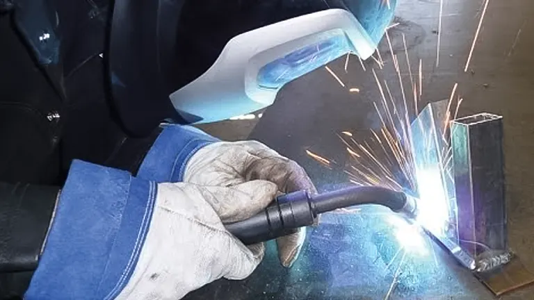 A welder in protective gear, with sparks flying while welding metal pieces