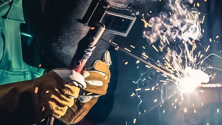 A welder in protective gear, with sparks flying while welding metal