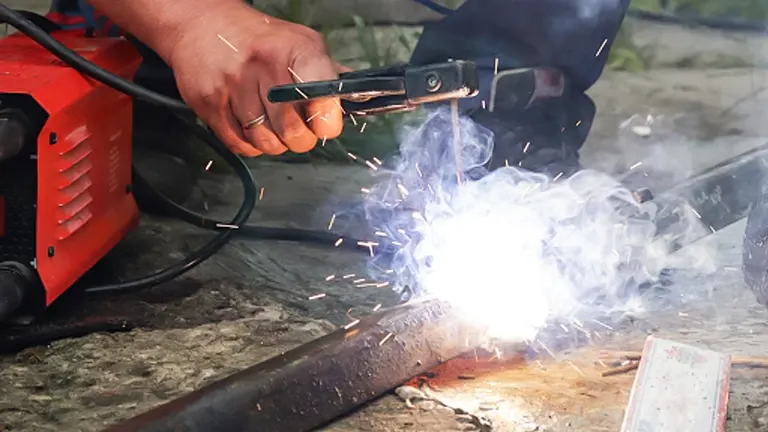 A welder using a welding machine to weld metal, creating bright sparks and smoke