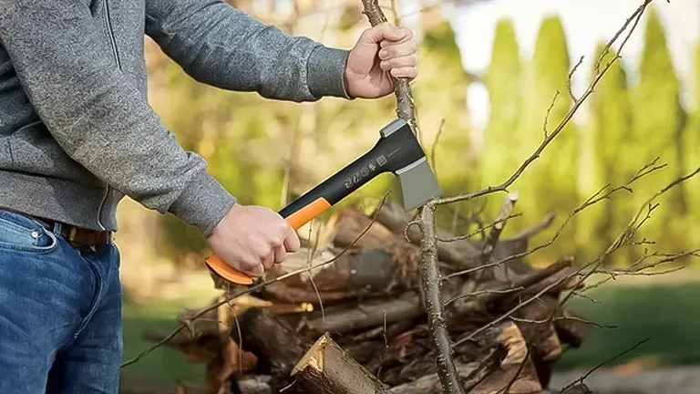 Person using a Fiskars X7 Hatchet to chop wood outdoors