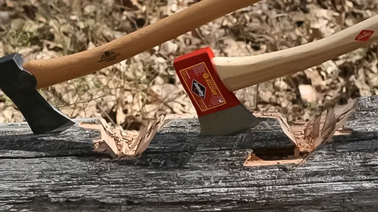 Garant Cougar Axe embedded in a piece of wood with another axe resting on the wood