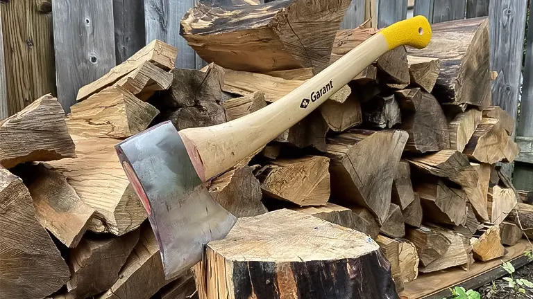 Garant Cougar Axe with a yellow handle resting on chopped wood