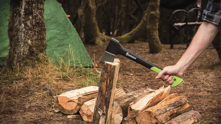 Person using Gerber Gear Freescape Hatchet to split wood at campsite