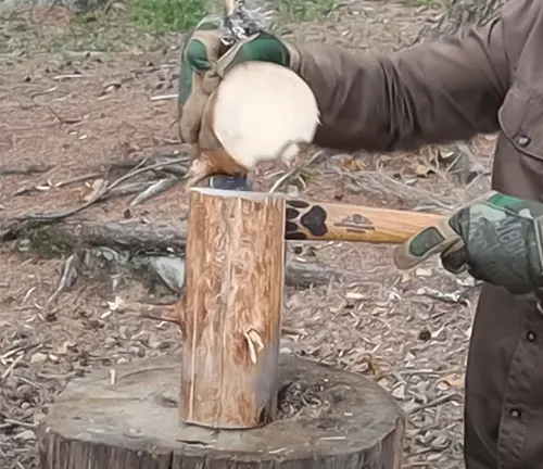 Person using a Gransfors Bruks Wildlife Hatchet to split wood in an outdoor setting