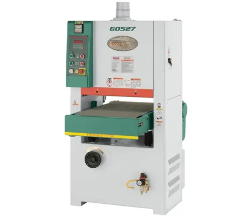 Grizzly G0527 - 18 Inches 5 HP Wide-Belt Sander, a white and green machine with a control panel and a conveyor belt