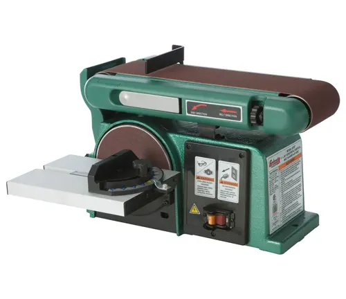 Grizzly 1.5 HP 4” x 36" Horizontal/Vertical Belt Sander in green color with red belt