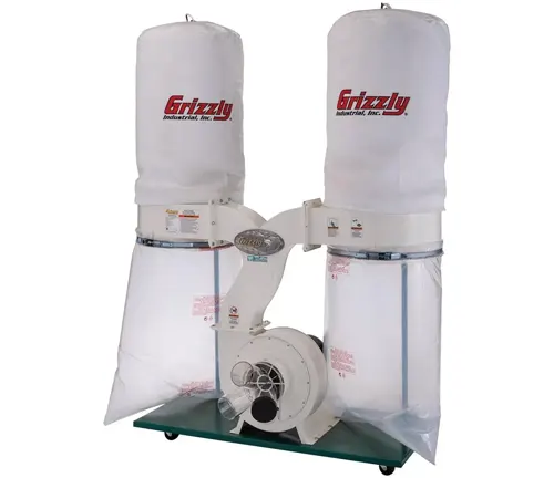 Grizzly 3 HP Dust Collector with dual white collection bags and aluminum impeller, mounted on a green base with wheels