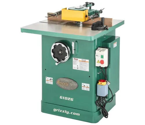 Grizzly Industrial 3 HP Shaper, model G1026, with a sturdy green base and various control features
