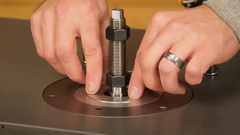 Hands adjusting a metallic component on a Grizzly Industrial 3 HP Shaper