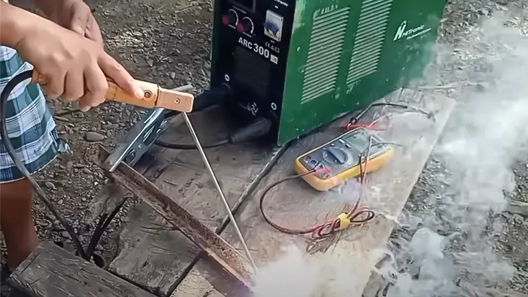 Person using a Hitronic TIG 300A DC Inverter Welder outdoors