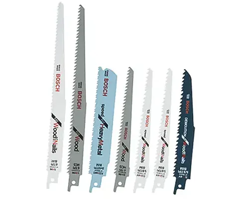 Assortment of seven Bosch reciprocating saw blades for wood and metal, arranged by size and type