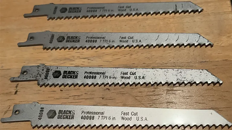 Four BLACK+DECKER Professional Fast Cut reciprocating saw blades for wood on a wooden surface