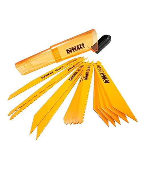 Set of yellow DEWALT reciprocating saw blades of various sizes with a carrying case
