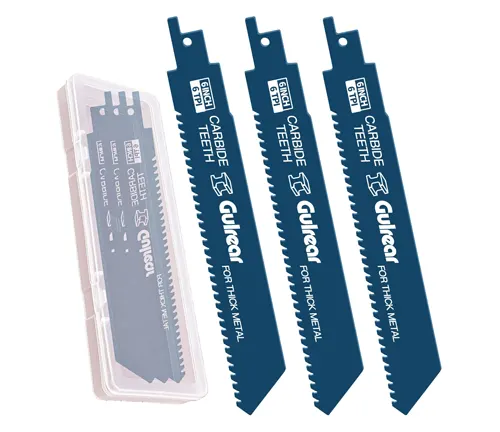 Set of five blue Gulico reciprocating saw blades for metal, next to their clear plastic packaging