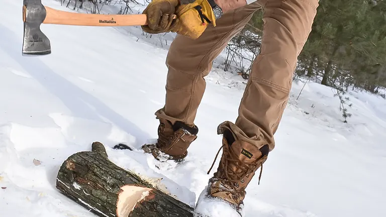 Person using a Hultafors ABY Small Forest Axe to chop wood in a snowy setting