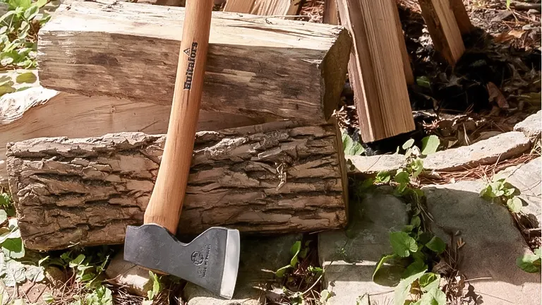 Hultafors ABY Small Forest Axe leaning against freshly chopped wood in an outdoor setting