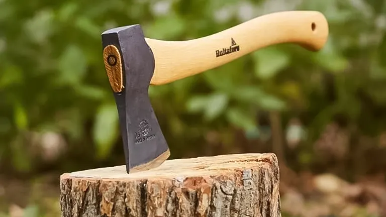Hultafors outdoor hatchet with a wooden handle and metal blade, embedded in a tree stump