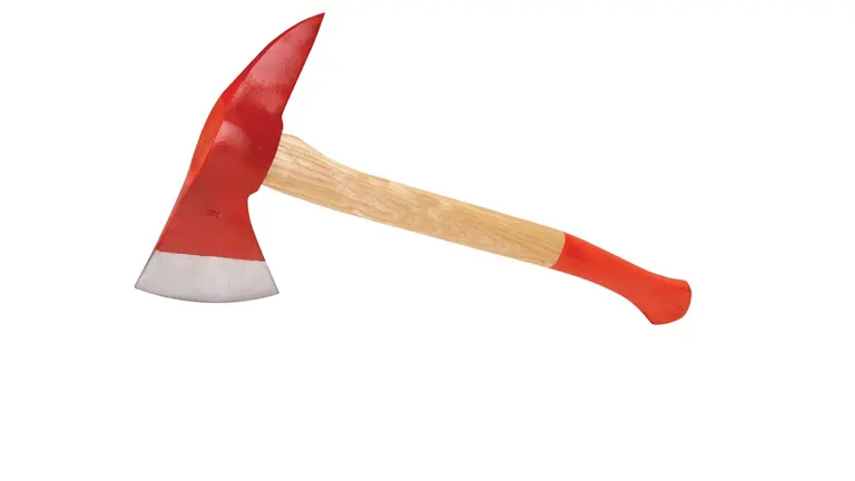 Red and wood outdoor hatchet on a white background
