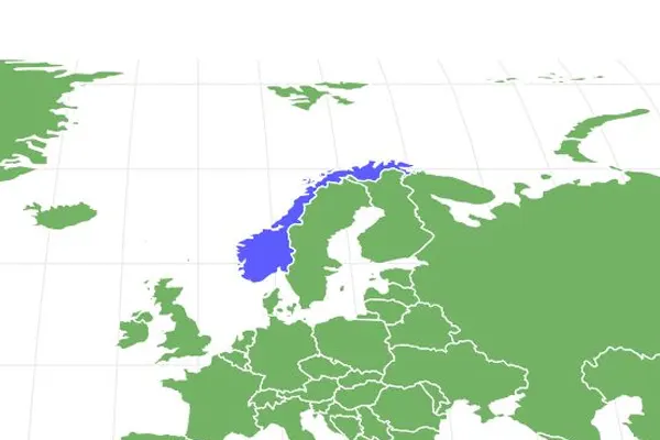 Map of Europe highlighting Norway in blue