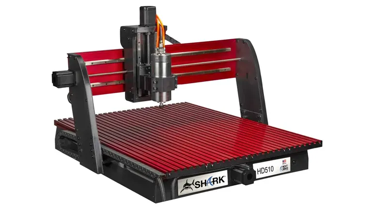 Next Wave CNC T32214 Shark SD100, a red and black CNC machine with a red bed and black gantry