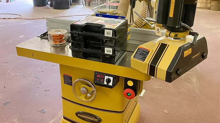 A Powermatic 5HP Woodworking Shaper PM2700 in a workshop setting, with a yellow base, black control panel, and a dust collection hose