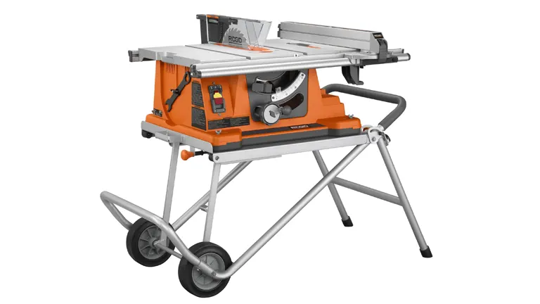 RIDGID 10 Inch Table Saw R4510 on a stand with wheels