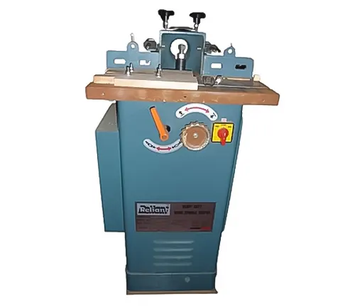 Blue and orange Reliant Heavy Duty Wood Spindle Shaper DD34 with wooden table top and adjustment knobs