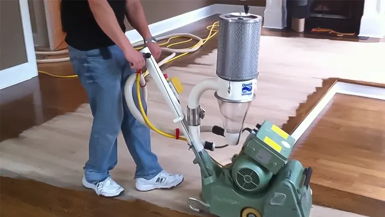 Person using a floor sander on a hardwood floor in a living room