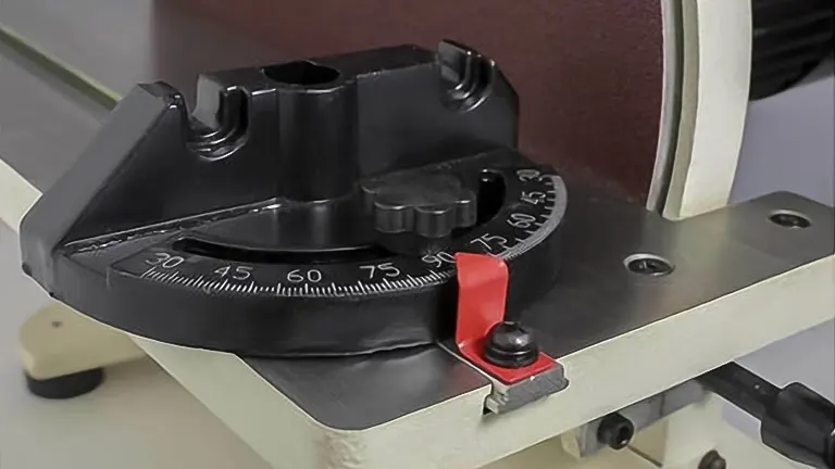 Close-up of Shop Fox W1828 12-Inch Disc Sander’s angle adjustment mechanism