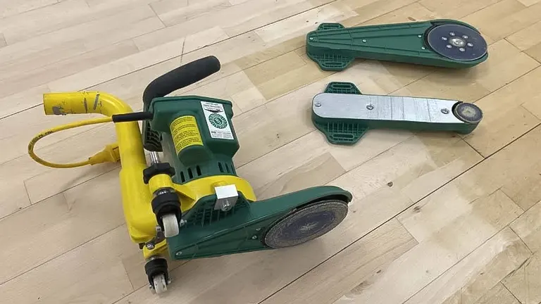 Floor edger and its attachments displayed on a wooden floor