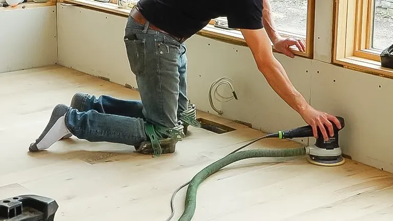 Person using a floor edger to sand a wooden floor, connected to a green hose