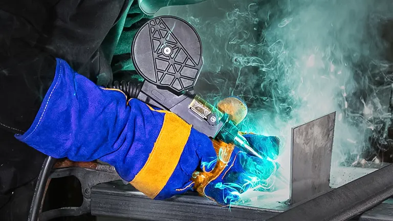 A person in protective gear using a UNIMIG Viper 185 3-in-1 Mig/Tig/Stick Welder, emitting bright light and smoke