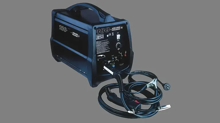 UniMig 180 Portable MIG Welder with cables on a grey background