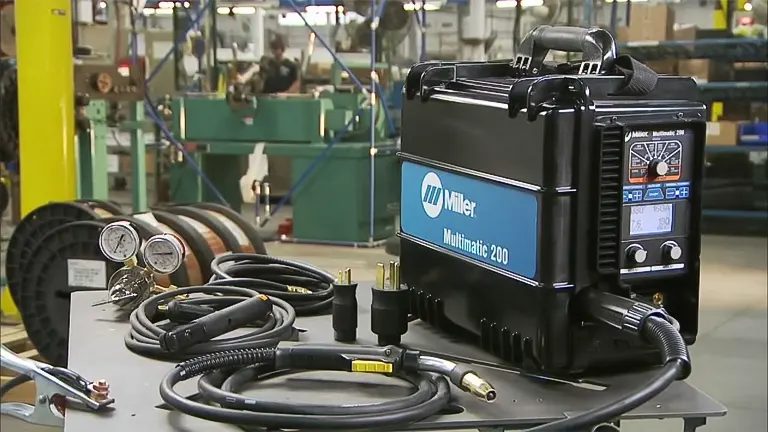 Miller Multimatic 200 welding machine with accessories on a workshop table